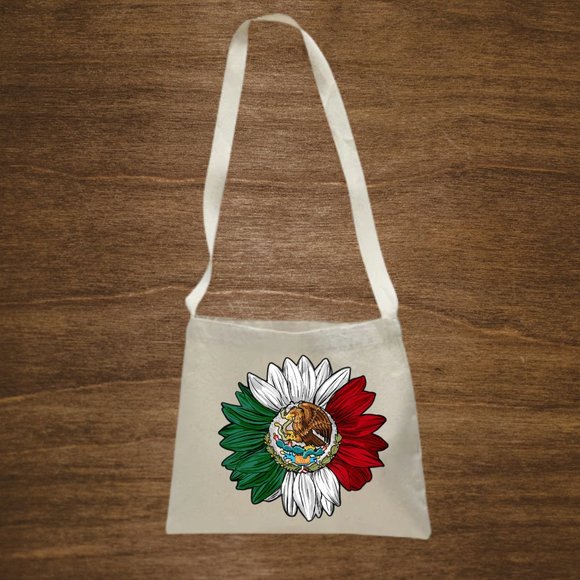 Mexico Flag Sunflower Cotton Canvas Crossbody Messenger Tote Bag with Long Strap - Picture 5 of 8